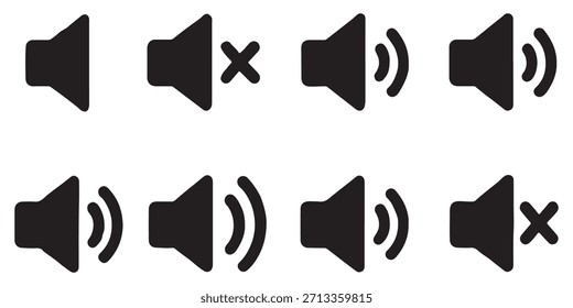 Sound volume icon set vector illustration. Audio speaker symbol collection for web design. UI UX interface button kit. Mute, unmute, loud and quiet signs. Flat simple graphic.
