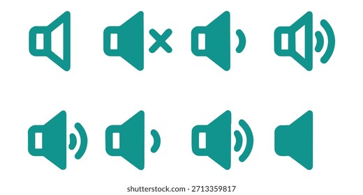 Ilustración vectorial del conjunto de iconos de volumen de sonido. Colección de símbolo de altavoz de audio para Diseño web. Kit de Botón de interfaz UI UX. Mudos, mudos, fuertes y silenciosos signos. Gráfico plano simple.