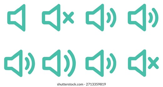 Sound volume icon set vector illustration. Audio speaker symbol collection for web design. UI UX interface button kit. Mute, unmute, loud and quiet signs. Flat simple graphic.