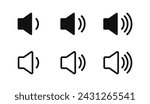 Sound volume icons set with different signal levels on white background. Аn icon that increases and reduces the sound. Sound icon, volume symbol, speaker sign, audio control icon set. Vector