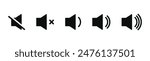 Sound volume icons set with different signal levels on white background. Аn icon that increases and reduces the sound. Sound icon, volume symbol, speaker sign, audio control icon set. Vector eps10