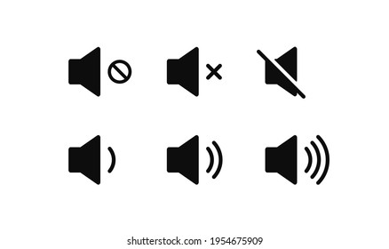 Sound volume icons set with different signal levels on white background. Аn icon that increases and reduces the sound. Sound icon, volume symbol, speaker sign, audio control icon set. Vector