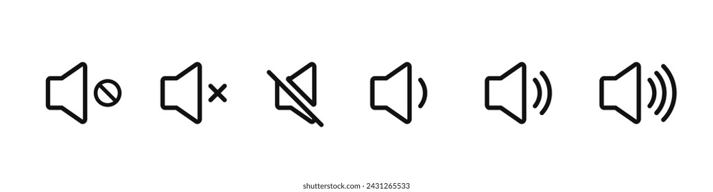 Iconos de volumen de sonido establecidos con diferentes niveles de señal sobre fondo blanco. АUn icono que aumenta y reduce el sonido. Icono de sonido, símbolo de volumen, señal de altavoz, conjunto de iconos de control de audio. Vector