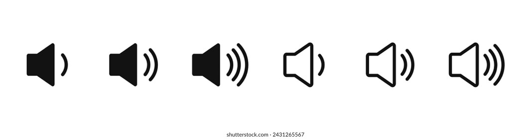 Sound volume icons set with different signal levels on white background. Аn icon that increases and reduces the sound. Sound icon, volume symbol, speaker sign, audio control icon set. Vector