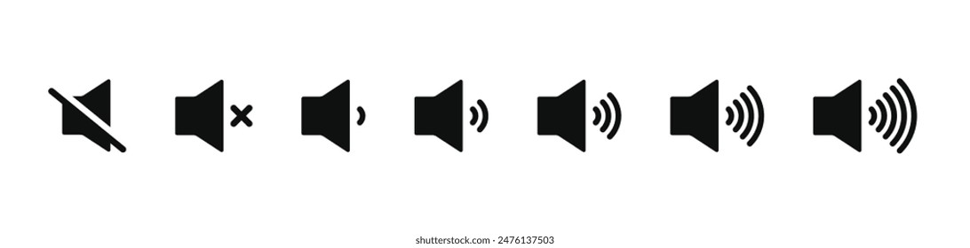 Sound volume icons set with different signal levels on white background. Аn icon that increases and reduces the sound. Sound icon, volume symbol, speaker sign, audio control icon set. Vector eps10