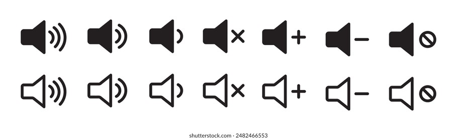 Sound volume icons set with different signal feel and outline levels on white background. Sound icon, volume symbol, speaker sign, audio control icon set.