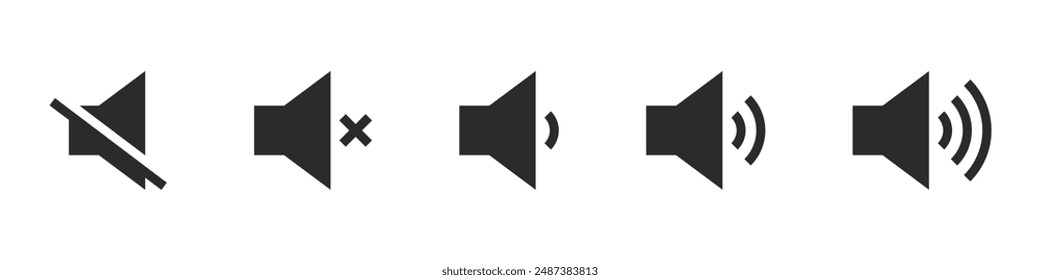 Sound volume icons set with different signal levels on white background. Аn icon that increases and reduces the sound. Sound icon, volume symbol, speaker sign, audio control icon set. Vector eps10