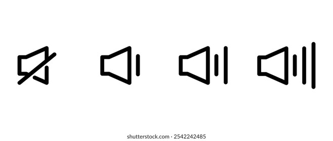 Ícones de volume de som configurados com diferentes níveis de sinal em fundo branco. Аum ícone que aumenta e reduz o som. Ícone de som, símbolo de volume, sinal de alto-falante, conjunto de ícones de controle de áudio. Vetor