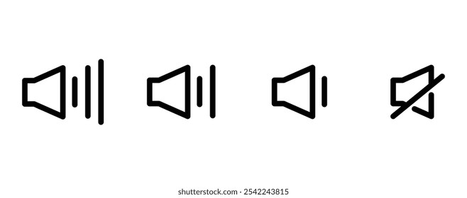 Ícones de volume de som configurados com diferentes níveis de sinal em fundo branco. Аum ícone que aumenta e reduz o som. Ícone de som, símbolo de volume, sinal de alto-falante, conjunto de ícones de controle de áudio. Vetor eps10