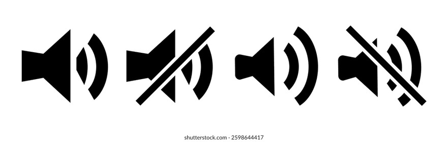 Sound volume icons set with different signal levels on white background. Sound icon, volume symbol, speaker sign, audio control icon set. Vector eps10