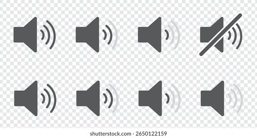 Sound volume icons set with different signal levels on white background. Аn icon that increases and reduces the sound. Sound icon, volume symbol, speaker sign, audio control icon set. Vector eps10