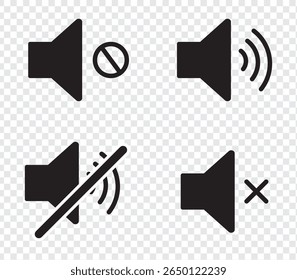 Sound volume icons set with different signal levels on white background. Аn icon that increases and reduces the sound. Sound icon, volume symbol, speaker sign, audio control icon set. Vector