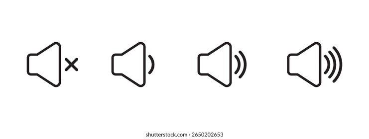 Sound volume icons set with different signal levels on white background. Аn icon that increases and reduces the sound. Speaker icon set. volume icon vector. loudspeaker icon vector.  design eps 10 