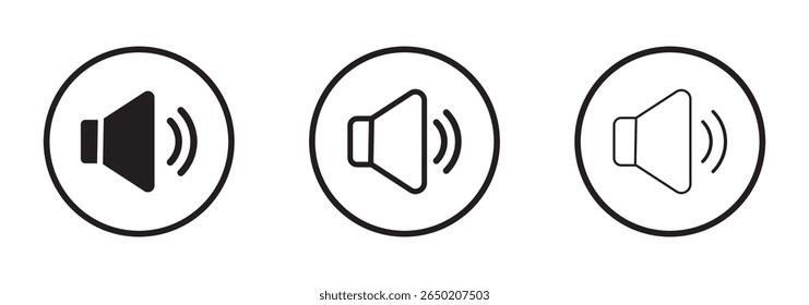 Sound volume icons set with different signal levels on white background. speaker volume on line art icon for apps and websites. Sound icon, volume symbol, speaker sign, audio control icon set. eps 10