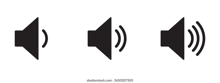 Sound volume icons set with different signal levels on white background. speaker volume on line art icon for apps and websites. Sound icon, volume symbol, speaker sign, audio control icon set. eps 10