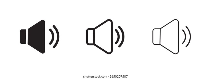 Sound volume icons set with different signal levels on white background. speaker volume on line art icon for apps and websites. Sound icon, volume symbol, speaker sign, audio control icon set. eps 10
