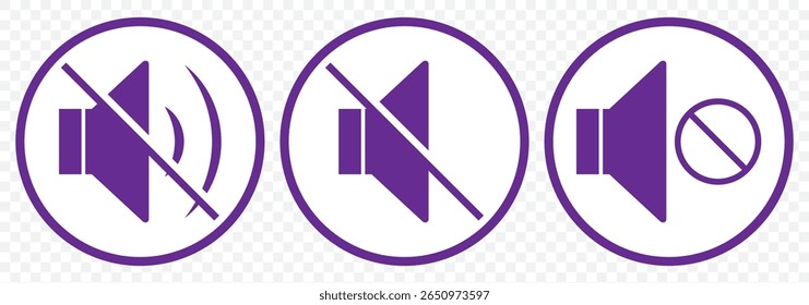 Sound volume icons set with different signal levels on Transparent background. Аn icon that increases and reduces the sound. Sound icon, volume symbol, speaker sign, audio control icon set in Violate 