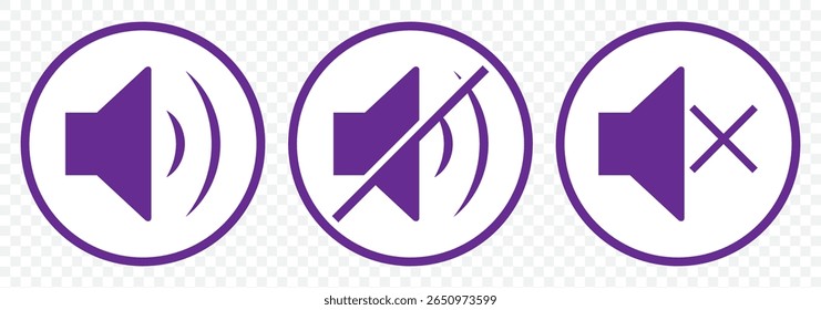Sound volume icons set with different signal levels on Transparent background. Аn icon that increases and reduces the sound. Sound icon, volume symbol, speaker sign, audio control icon set in Violate 
