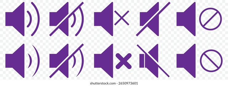 Sound volume icons set with different signal levels on Transparent background. Аn icon that increases and reduces the sound. Sound icon, volume symbol, speaker sign, audio control icon set in Violate 