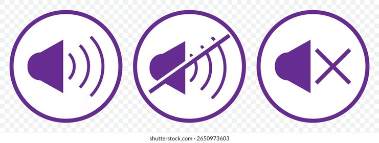 Sound volume icons set with different signal levels on Transparent background. Аn icon that increases and reduces the sound. Sound icon, volume symbol, speaker sign, audio control icon set in Violate 