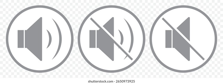 Sound volume icons set with different signal levels on Transparent background. Аn icon that increases and reduces the sound. Sound icon, volume symbol, speaker sign, audio control icon set. EPS 10.
