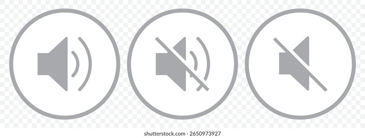Sound volume icons set with different signal levels on Transparent background. Аn icon that increases and reduces the sound. Sound icon, volume symbol, speaker sign, audio control icon set. EPS 10.