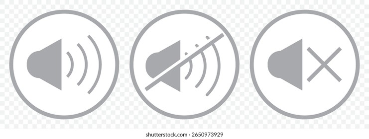 Sound volume icons set with different signal levels on Transparent background. Аn icon that increases and reduces the sound. Sound icon, volume symbol, speaker sign, audio control icon set. EPS 10.