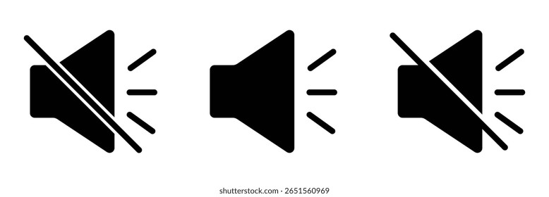 Ícones de volume de som definidos com diferentes níveis de sinal. Аum ícone que aumenta e reduz o som. Ícone de som, símbolo de volume, sinal de alto-falante, conjunto de ícones de controle de áudio. Ícone mudo e silencioso. Projete EPS 10.