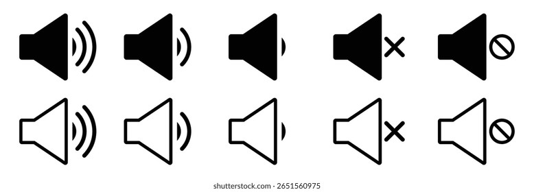 Sound volume icons set with different signal levels. Аn icon that increases and reduces the sound. Sound icon, volume symbol, speaker sign, audio control icon set. Mute and silent icon. Design EPS 10.