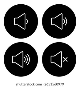 Ícones de volume de som definidos com diferentes níveis de sinal. Аum ícone que aumenta e reduz o som. Ícone de som, símbolo de volume, sinal de alto-falante, conjunto de ícones de controle de áudio. Ícone mudo e silencioso. Projete EPS 10.