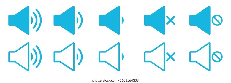 Sound volume icons set with different signal levels on white background. Аn icon that increases and reduces the sound. Sound icon, volume symbol, speaker sign, audio control. speaker silent, mute icon