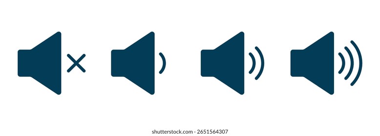 Sound volume icons set with different signal levels on white background. Аn icon that increases and reduces the sound. Sound icon, volume symbol, speaker sign, audio control. speaker silent, mute icon