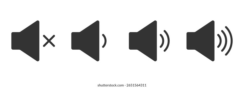 Sound volume icons set with different signal levels on white background. Аn icon that increases and reduces the sound. Sound icon, volume symbol, speaker sign, audio control. speaker silent, mute icon