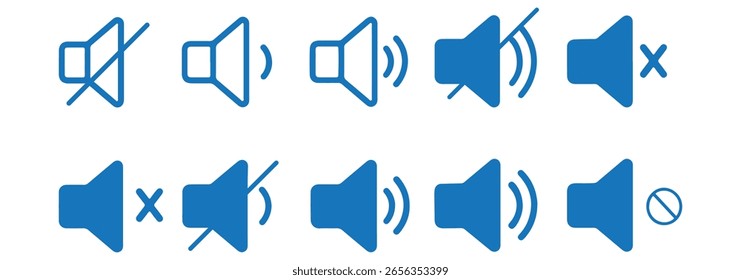 Lautstärkesymbole mit unterschiedlichen Signalpegeln. Lautstärkesymbol, Lautstärkesymbol, Lautsprecherzeichen, А Symbol, das den Klang erhöht und verringert. Symbolvektor. Soundsymbol.