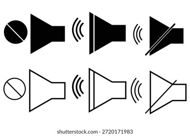 Ícones do volume de som. Conjunto de ícones de som vetorial. Sinal de controle de volume, ícone de áudio, símbolo de mudo, sinal silencioso, símbolo de volume baixo e máximo, sinal de volume nenhum e símbolo. Ilustração vetorial.