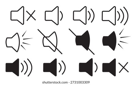 Ícones de volume de som definem ilustração vetorial, Volume, Alto-falante, Ativar mudo e Ícone de interface de mídia Define, ícones aumentam e diminuem, símbolo de volume isolado.