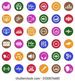 Sound And Volume Icons . White Flat Collection In Circle. Vector Illustration.