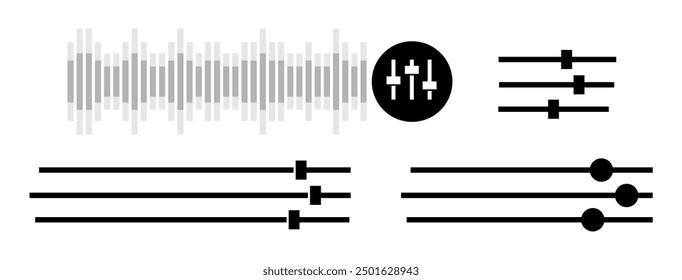 Sound volume level icon. control panel slide icon sound controller icon. Adjustment settings slider sound audio equalizer level icons. Filter control vector.