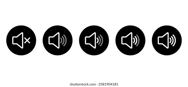 Sound volume level outline icon on black circle. Audio speaker sign symbol