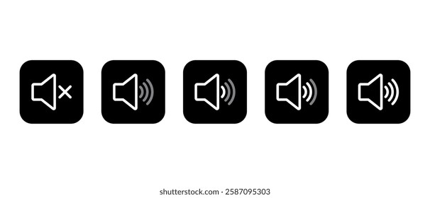 Sound volume level outline icon on black square. Audio speaker sign symbol