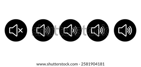 Sound volume level outline icon on black circle. Audio speaker sign symbol