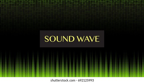 Sound wave abstract digital background, vector illustration. Neon green dots wave, running digital numbers, techno sound modern concept.