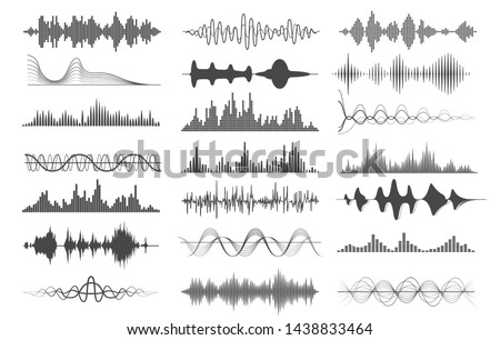Sound wave charts. Voice and radio frequency waves graphs, playing illustrations or audio soundwave pulse signals isolated on white background, music curves