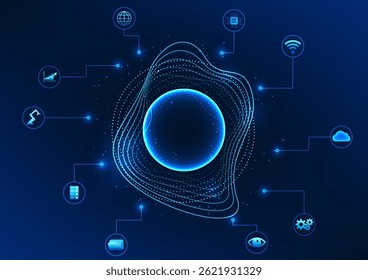 Sound wave in a circle surrounded by an AI icon represents AI technology that can listen and process voice commands to control automatic functions in various systems as a smart device. Business