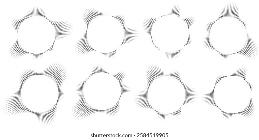 Sound wave, circular equalizer icons, round music soundwave shape, concentric energy burst.