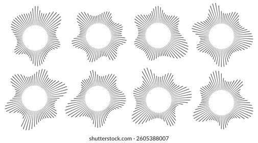 Sound wave, circular equalizer icons, round music soundwave shape, concentric energy burst.