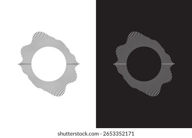 Onda sonora, ícones de equalizador circular, forma de onda sonora de música redonda, explosão de energia concêntrica.