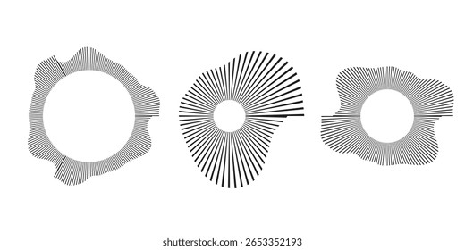 Sound wave, circular equalizer icons, round music soundwave shape, concentric energy burst.