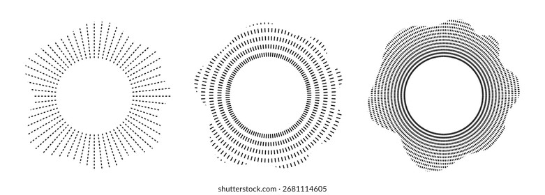 Patrón de línea circular de onda de sonido. Vector redondo de la música, icono radial abstracto, fondo gráfico del audio, forma del logotipo del sol, diseño del efecto de la energía de la explosión