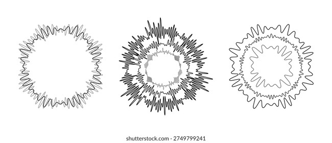 Sound wave circular line pattern. Round music vector, abstract radial icon, graphic audio background, sun logo shape, burst energy effect design